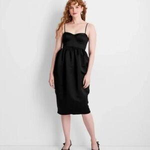 Future Collective Woman’s Smocked Bustier Satin Midi Black Dress NWT